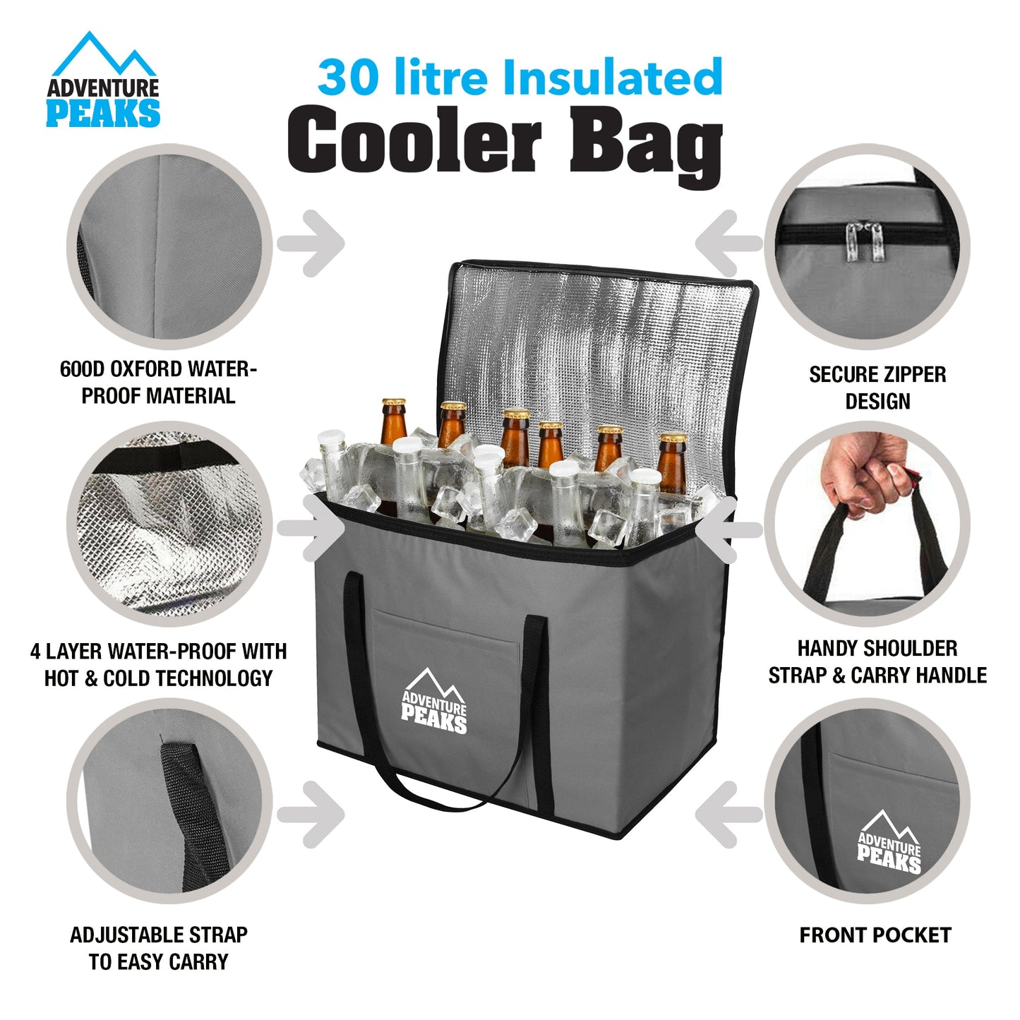 Insulated Camping Cooler Bag 30L 40 x 26 x 33cm Grey 6633 (Parcel Rate)