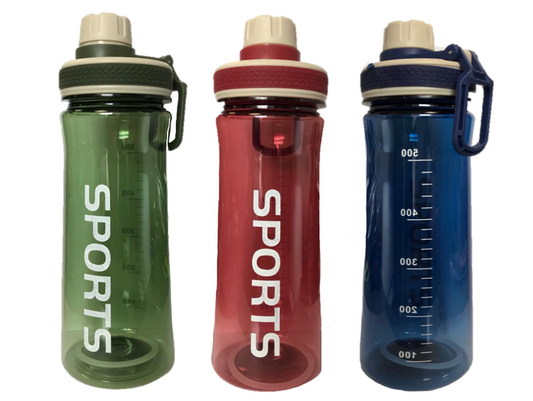 Plastic Sports Gym Drinking Bottle 600ml 22 x 8cm Assorted Colours 7216 A (Parcel Rate)