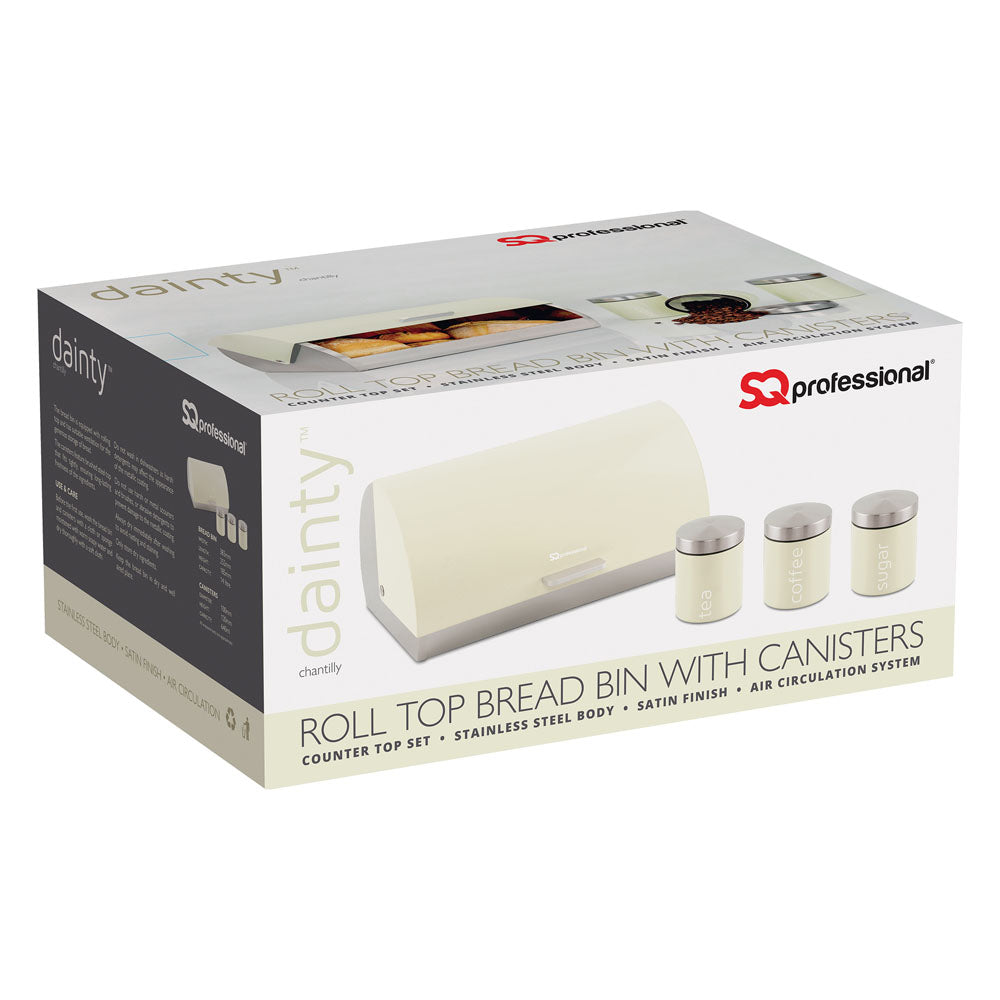 SQ Professional Dainty Metal Bread Bin with 3 Canisters Chantilly Cream 7664 (Big Parcel Rate)