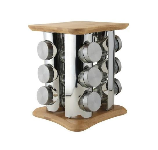 Free Standing Wooden And Stainless Steel Spice Rack Holds 12 Glass Spice Jars With Lids 7732