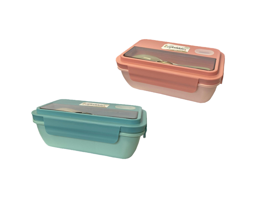 Plastic 2 Compartment Lunch Box with Spoon 20 x 12 x 8 cm Assorted Colours 7815 (Parcel Rate)