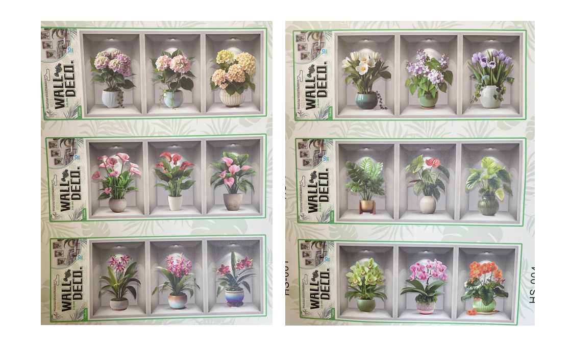 Room Decor 3D Effect Wall Stickers 3 Flower Vase Wall Design 55 x 25cm Assorted Designs 8066 (Parcel Rate)