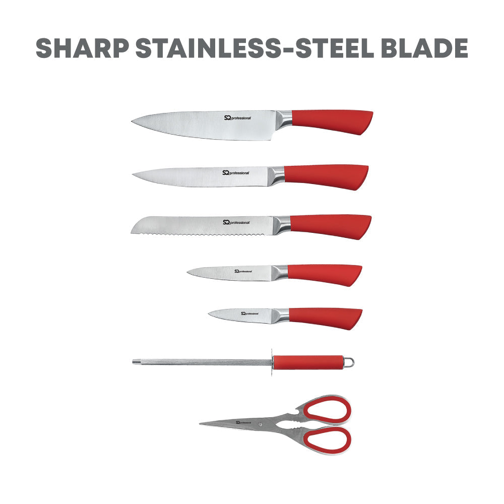 SQ Professional Stainless Steel Kitchen Knife Set of 8 Red 8741 (Parcel Rate)