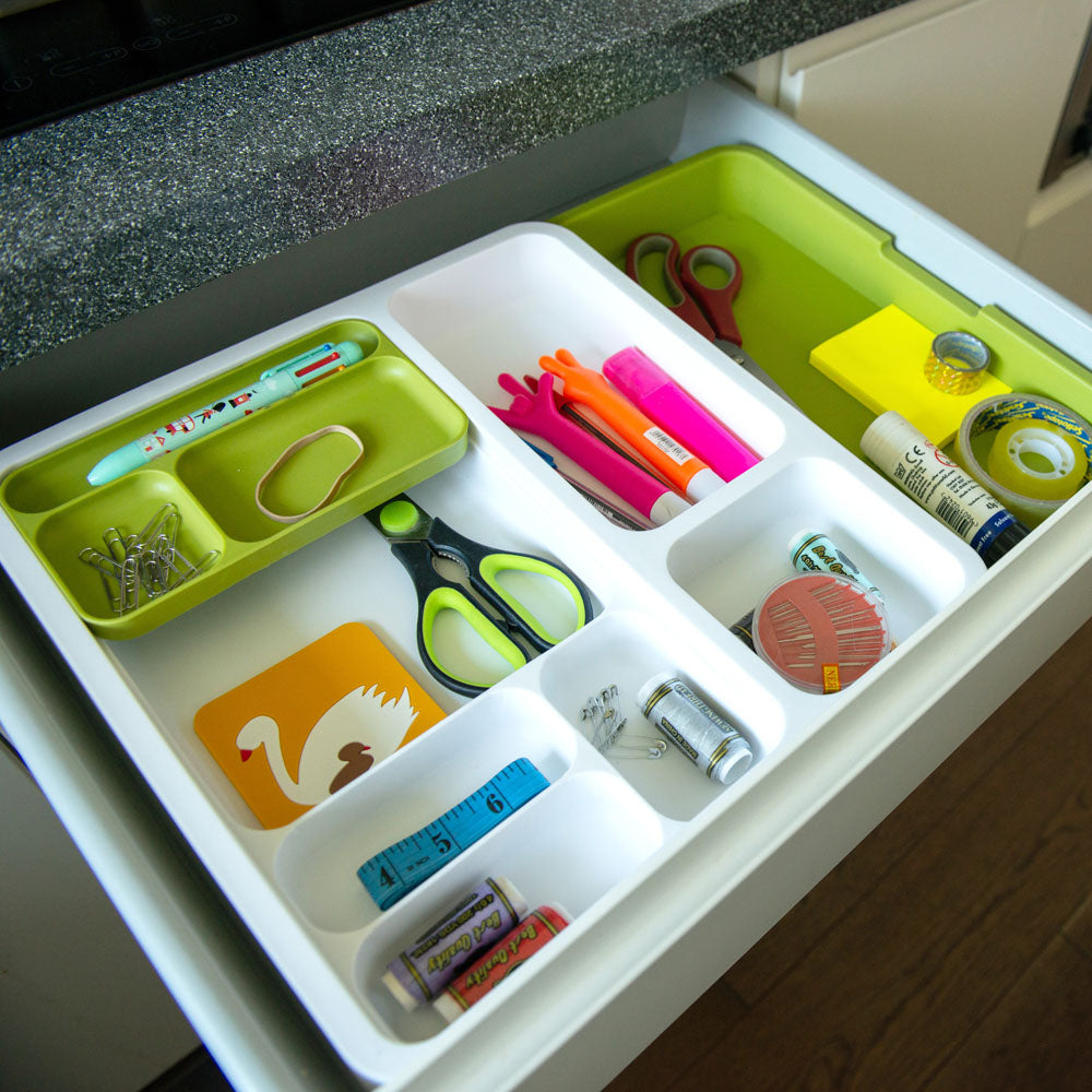 Plastic Expandable Drawer Storage Divider Organiser White Green 34-53 x 36.5 x 5.5cm 8909 (Parcel Rate)