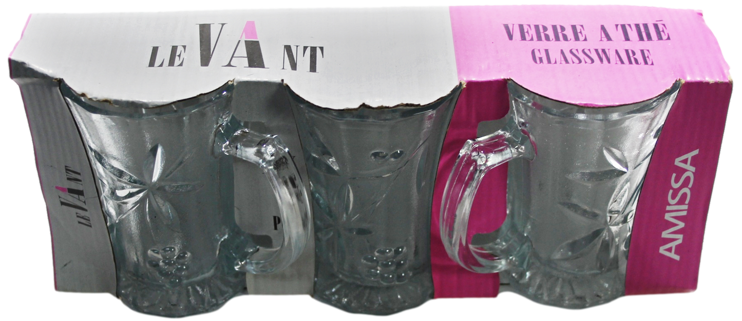 Amissa Tea Glass Cups with Handle and Floral Grape Design 171ml Set of 3 1542 (Parcel Plus Rate)