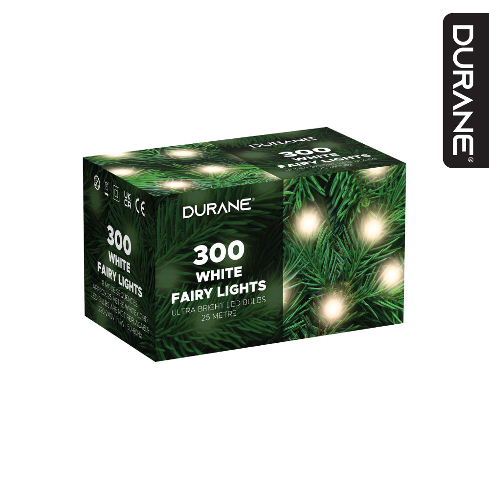 Durane LED Fairy Light String White Wire 25m 300 Bulbs White 10180