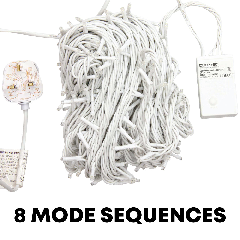 Durane LED Fairy Light String White Wire 25m 300 Bulbs White 10180