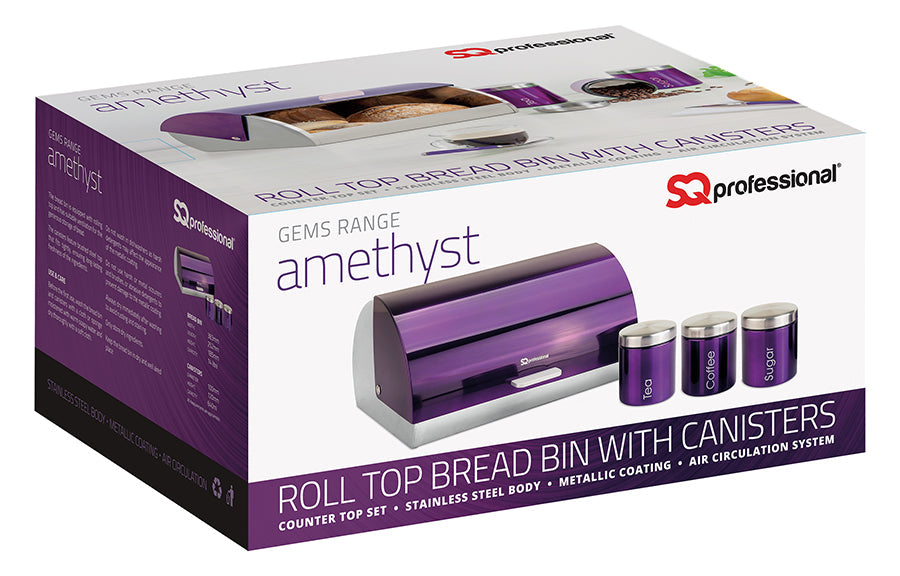 SQ Professional Gems Metal Bread Bin with 3 Canisters Amethyst 2582 (Big Parcel Rate)