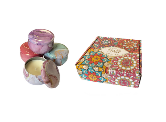 Scented Candle in Metal Jar with Coloured Marble Print 7 x 4.5cm in Gift Box of 4 Assorted Designs 7890 (Parcel Rate)