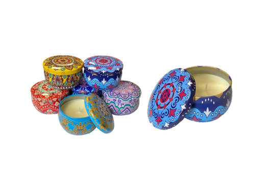 Scented Candle in Metal Jar with Printed Design 5 x 4cm Assorted Designs 7891 (Parcel Rate)