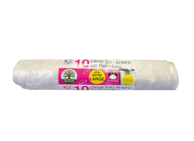 Extra Large Clear Pedal Bin Bag Liners with Tie Handles 100L 110 x 160 cm Roll of 10 B0558 (Parcel Rate)