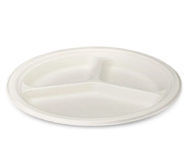 Disposable Compostable Eco-Bio Bagasse Sugarcane 3 Compartment Plates 10" Pack of 8 EC1963 (Parcel Rate)