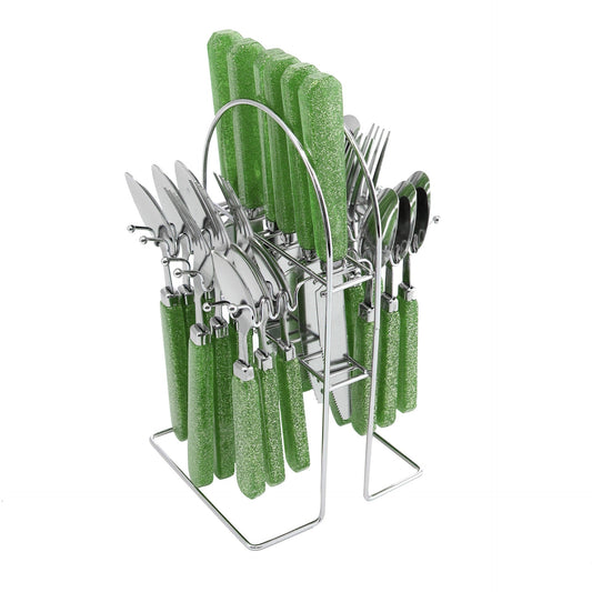 SQ Durane Metal Cutlery Set of 24 Green Glitter 10731 A (Parcel Rate)