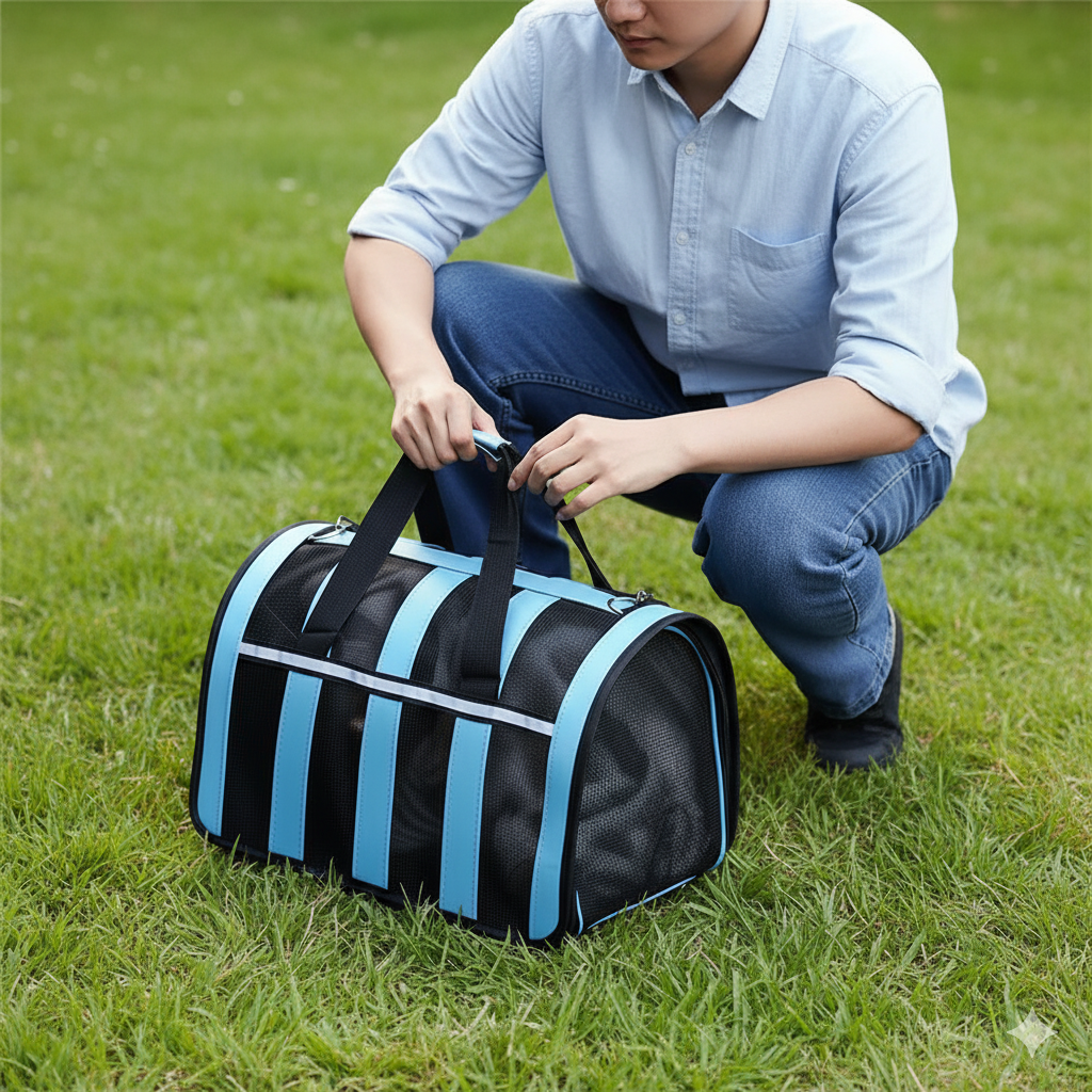 Pet Dog Cat Foldable Striped and Mesh Carrier Case with Handle and Shoulder Strap 48.5 x 26 x 27cm Assorted Colours 8050 (Big Parcel Rate)