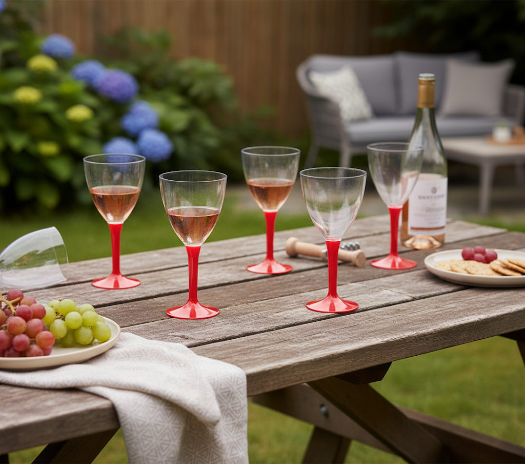 Plastic Wine Glasses with Red Stem Handle 15 x 7 cm THL9562 (Parcel Rate)