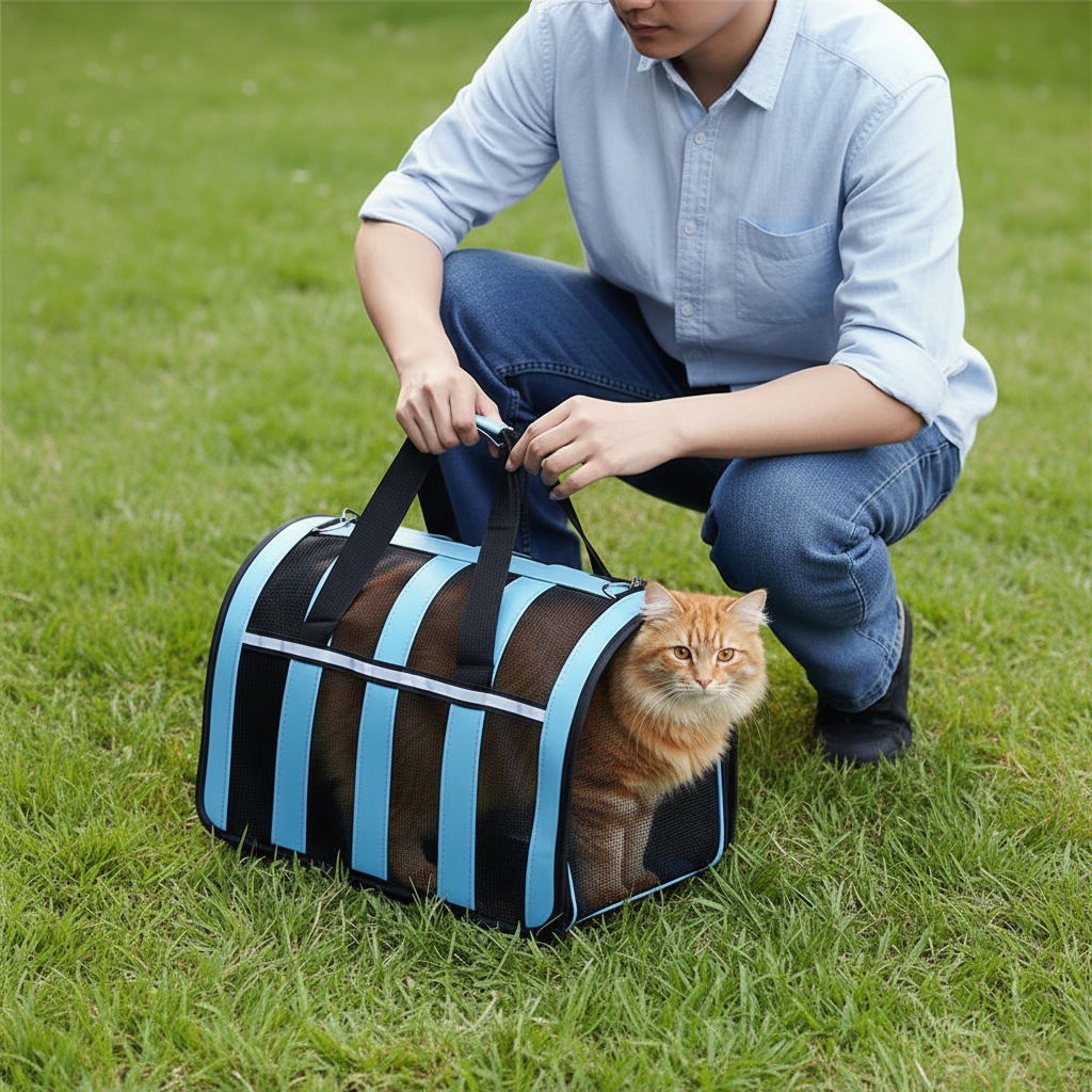 Pet Dog Cat Foldable Striped and Mesh Carrier Case with Handle and Shoulder Strap 48.5 x 26 x 27cm Assorted Colours 8050 (Big Parcel Rate)
