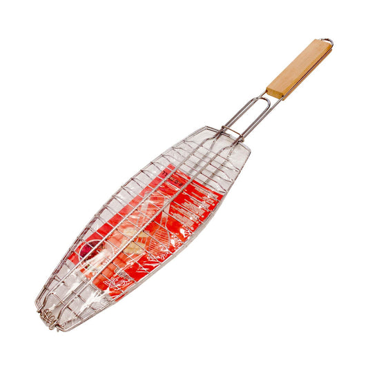 BBQ Metal Meat Fish Roasting Grilling Basket with Wooden Handle 35 cm 7219 (Parcel Rate)
