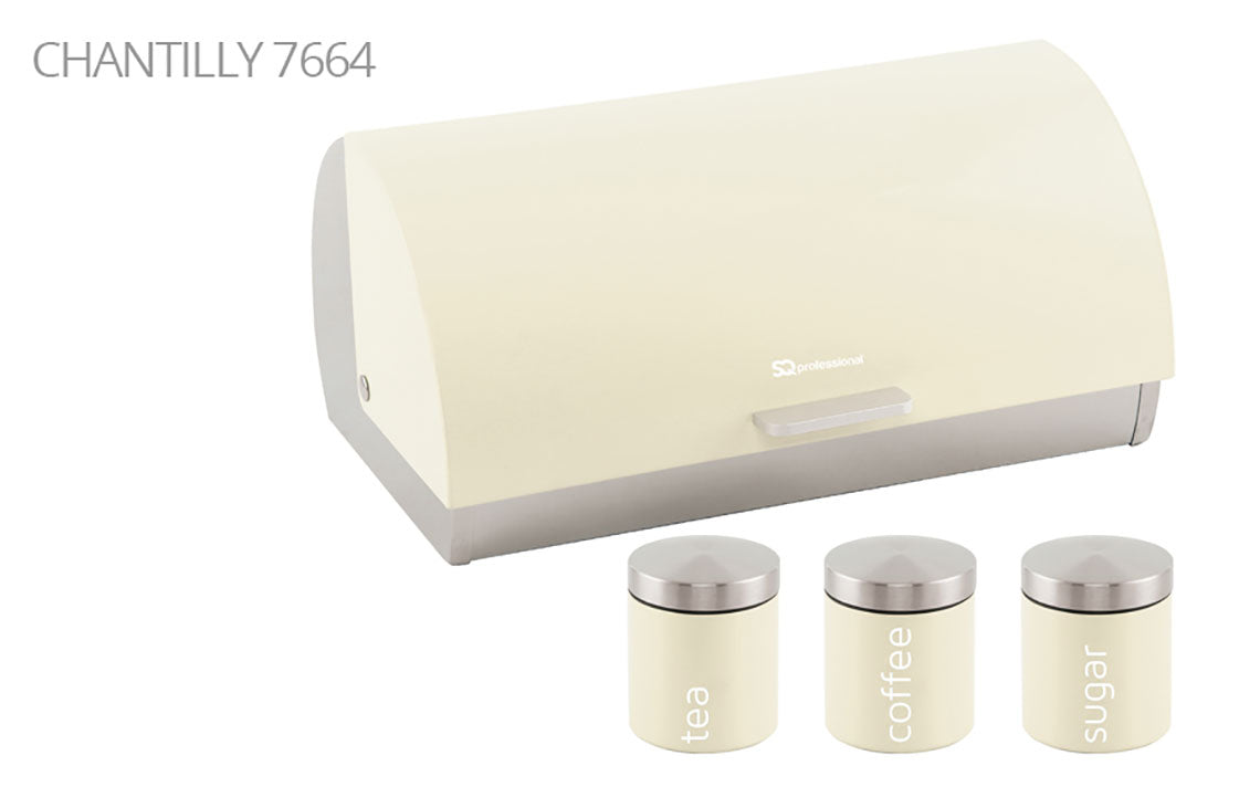 SQ Professional Dainty Metal Bread Bin with 3 Canisters Chantilly Cream 7664 (Big Parcel Rate)
