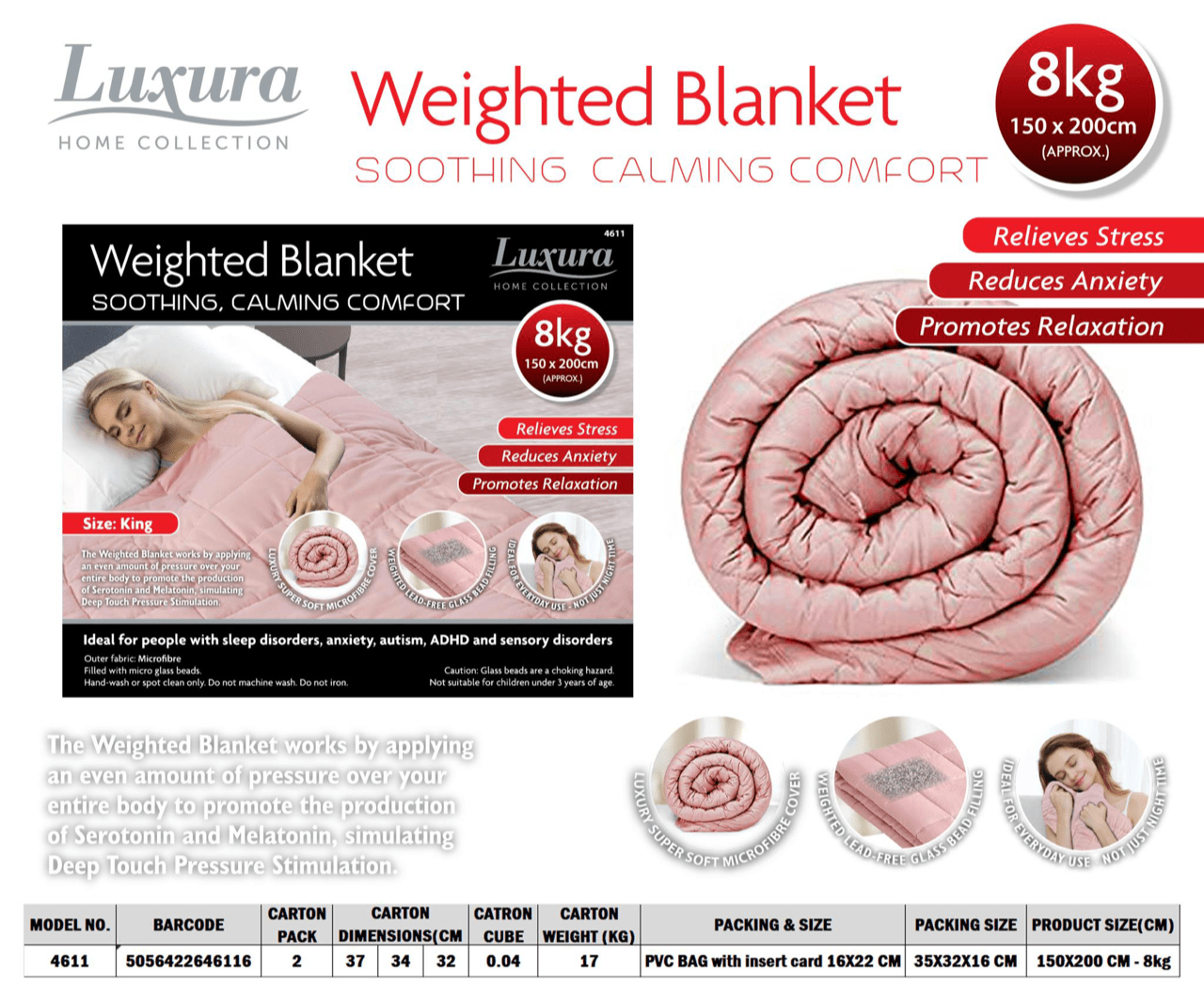 Weighted Blanket 150cm x 200cm 8kg Pink 4611 (Parcel Rate)