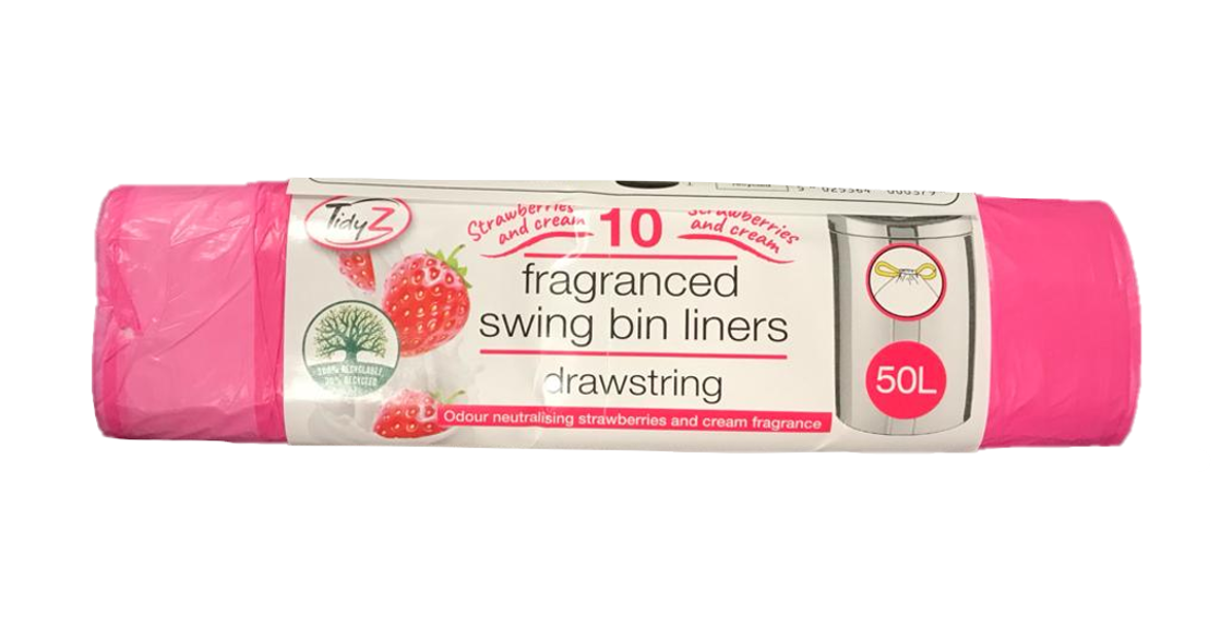 Strawberry and Cream Fragranced Drawstring Pedal Bin Bag Liners with Drawstring 50L 76 x 124 cm Roll of 10 B0037 (Parcel Rate)