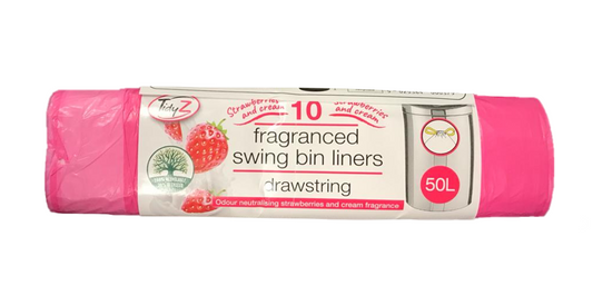 Strawberry and Cream Fragranced Drawstring Pedal Bin Bag Liners with Drawstring 50L 76 x 124 cm Roll of 10 B0037 (Parcel Rate)