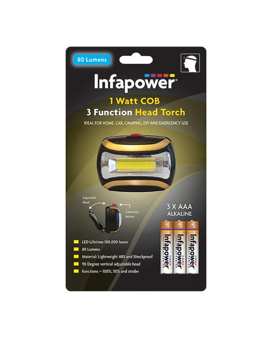 Infapower 3 Function Head Torch 1 Watt Cob Ideal for Home Car Outdoor F045 (Parcel Rate)