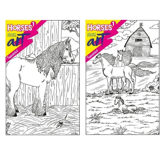Velvet Poster Art Children's' Fun Colouring with Pens Horses 1 25 x 38 cm 2 Designs P3020 (Parcel Rate)