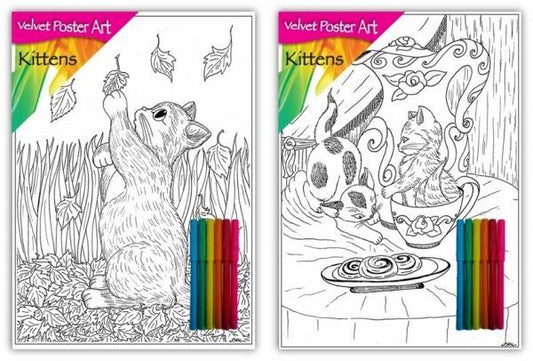 Velvet Poster Art Children's' Fun Colouring with Pens Kittens 2 25 x 38 cm 2 Designs P3001 (Parcel Rate)