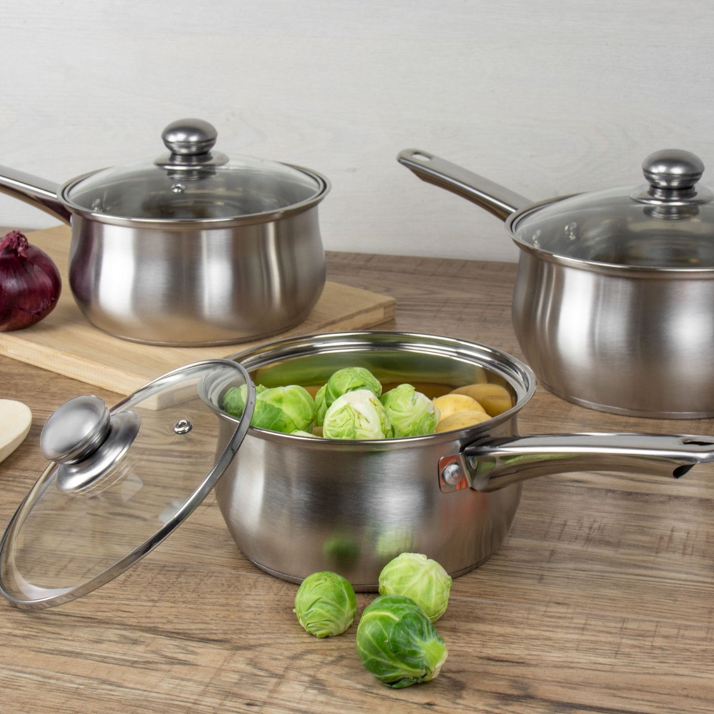 SQ Professional Lustro Stainless Steel Saucepan Set of 3 Silver 10657 (Big Parcel Rate)